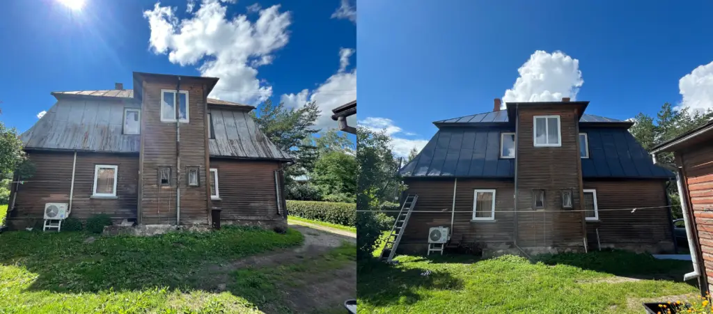 Metallkatus enne ja pärast katuse värvimist.
