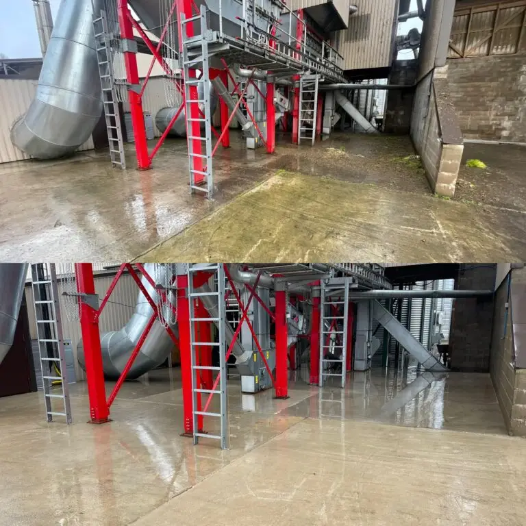 Tehtud tööde hulgas tehase betoonist põranda survepesu enne ja pärast võrdlus